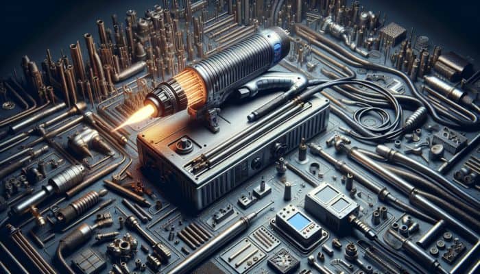 Optimising Heat Tools for Damage Control: A detailed heat tool with glowing heating elements, temperature controls, nozzles, and ergonomic handle on a cluttered workbench.