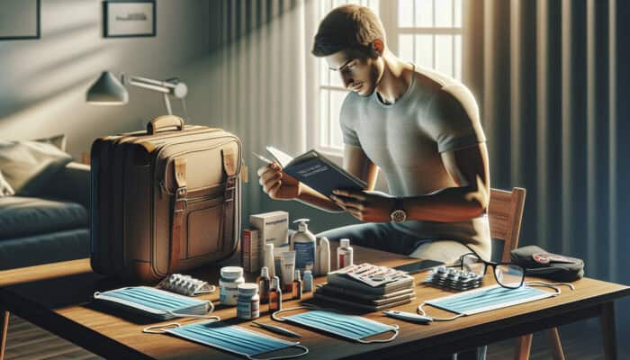 A focused traveler unpacks luggage in a sunlit room, arranging thermometer, masks, and medical kit while consulting a health guide.