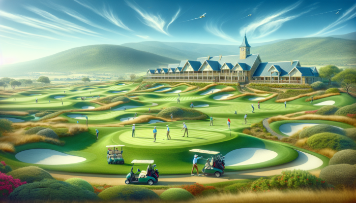 Vibrant scene at Malmesbury Golf Club: manicured fairways, golfers playing under blue sky, modern clubhouses, staff managing carts, and rolling hills with native flora.