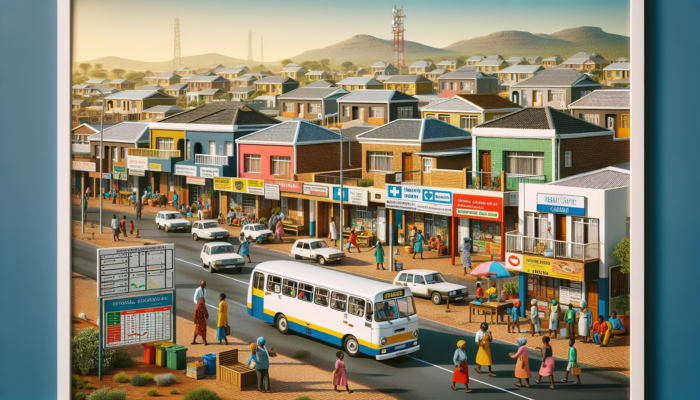 A vibrant Mthatha street in an affordable neighbourhood, with colourful modest homes, families walking to schools and shops, a visible health clinic, buses passing, under sunny skies.