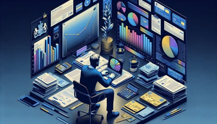 A UK resident at a modern desk reviews financial documents and credit scores on a laptop, surrounded by bills and an FCA emblem.