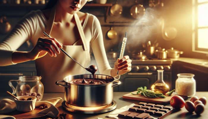 A chef melts rich dark chocolate in a double boiler, using a thermometer in a cozy kitchen with rising steam and fresh ingredients.