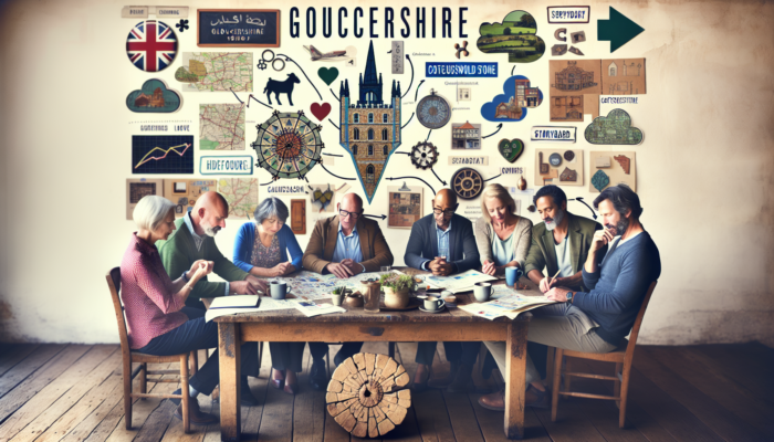A diverse team of small business owners in Fairford brainstorms video ideas at a rustic table with maps, storyboards, and Cotswold stone artifacts.
