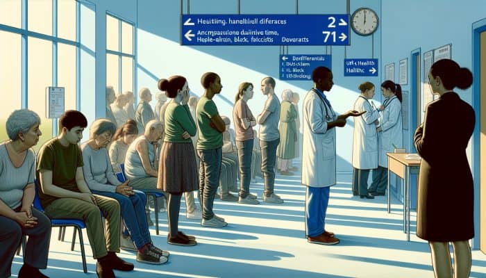 A diverse group of anxious people waits in a modern NHS clinic, surrounded by maps of regional mental health disparities, with a therapist offering support.