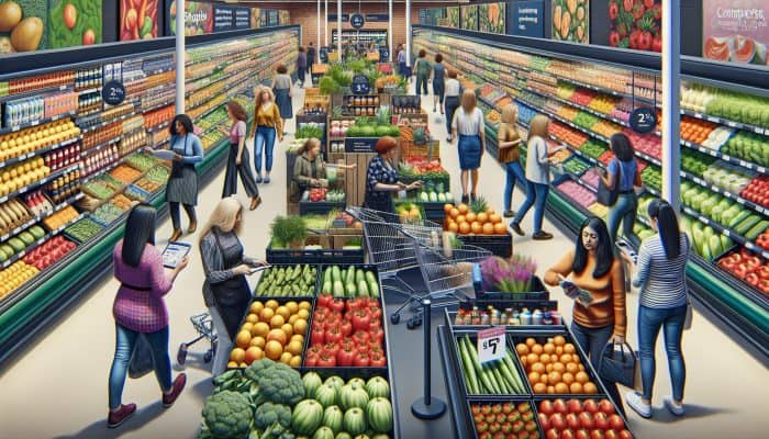 Budget-Friendly Healthy Eating for Women: Women in a bustling Tesco supermarket browse fresh produce, compare discounted prices, and scan loyalty cards for smart budgeting.