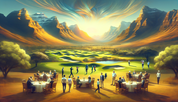 How to Start a Golf Podcast: Vibrant South African golf scene at Sun City's course: lush fairways amid mountains, diverse golfers mingling at a sunset event.