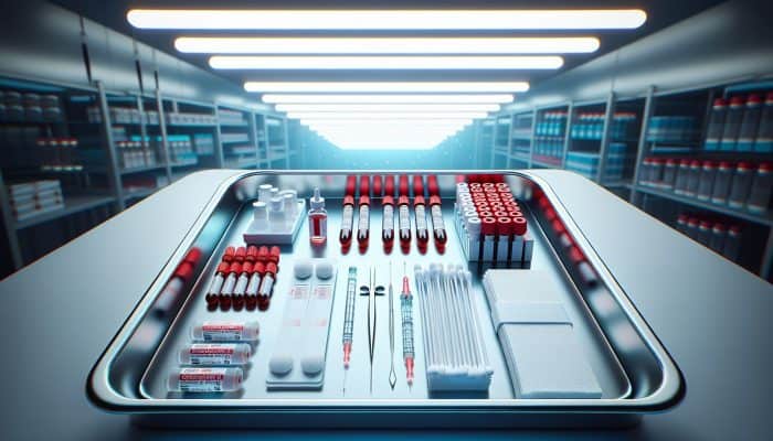 Sterile medical tray in a bright clinic with fine needle, red-capped tubes, alcohol swabs, and bandages for cortisol test.