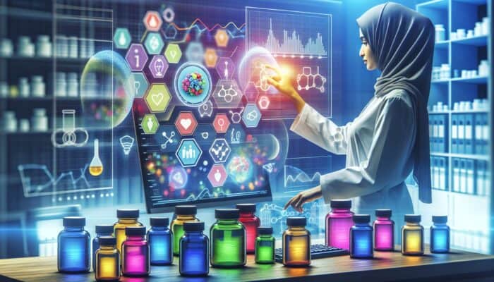 A scientist in a contemporary laboratory examines case study charts on a digital screen, surrounded by colourful supplement bottles and encouraging graphs.