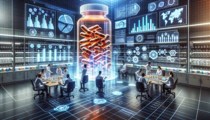 A diverse team of scientists in a modern laboratory analysing supplement case studies amidst holographic charts, graphs, and pill bottles.