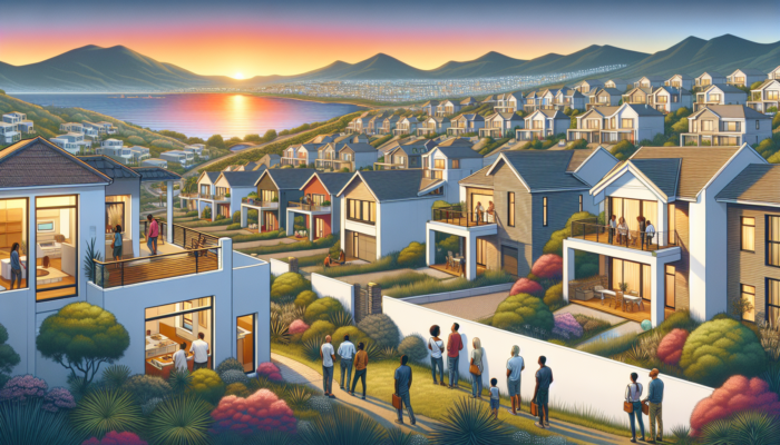 Modern townhouses and apartments in George, South Africa, with diverse buyers viewing properties amid lush coastal landscapes under a vibrant sunset sky.