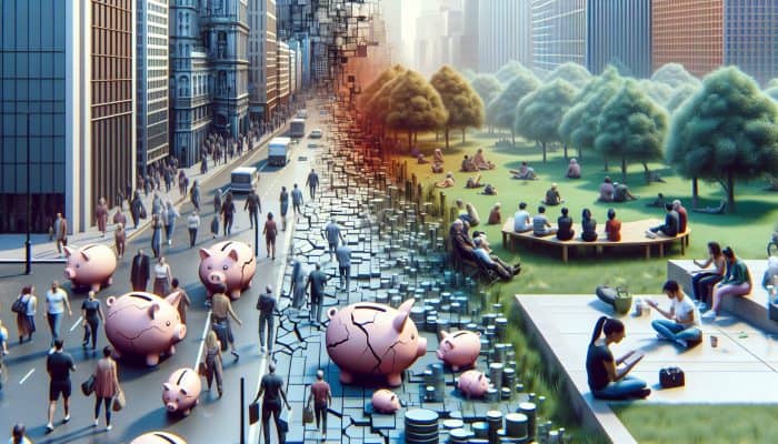 A bustling UK cityscape shows stressed people amid cracked piggy banks and crowds, contrasted by serene parks with mindfulness and community activities.