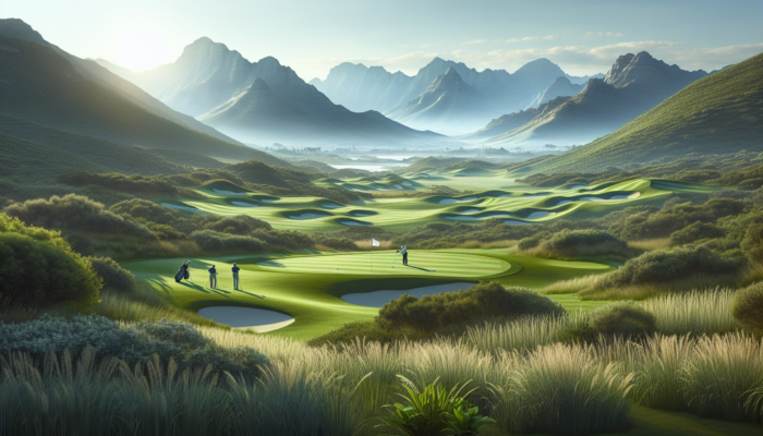 Erinvale Golf Club in Western Cape: lush green fairways winding through hills, framed by mountains under a blue sky, with golfers and vibrant flora.