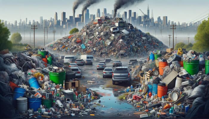 Sustainable Garage Clearance in the UK: Overflowing London landfill piled with old electronics, paints, and vehicle parts, contaminating rivers and soil under a gray sky, with suffering wildlife.