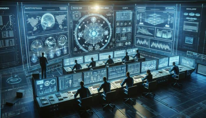 Engineers in a high-tech control room monitor holographic network edge displays, surrounded by safety protocols, training simulations, and emergency tools, symbolising vigilance and reliability.