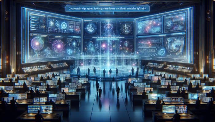 In a futuristic command center, engineers analyse holographic edge protection systems on glowing monitors, with dynamic barriers ensuring operational continuity.