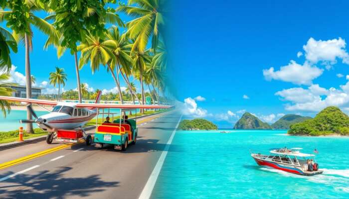 A vibrant scene of transportation options in Belize featuring a small airplane at the airport, colorful shuttles on a tropical road, and a scenic boat navigating turquoise waters near lush islands.