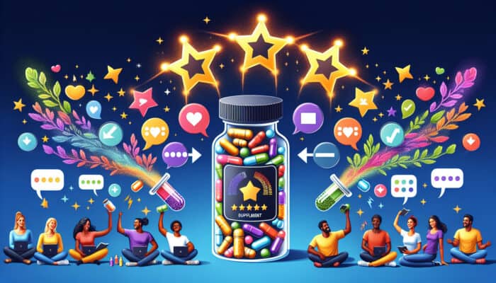 Digital representation of feedback stars and speech bubbles transforming a standard e-commerce site into a vibrant supplement platform featuring colourful vitamins and interactive charts.