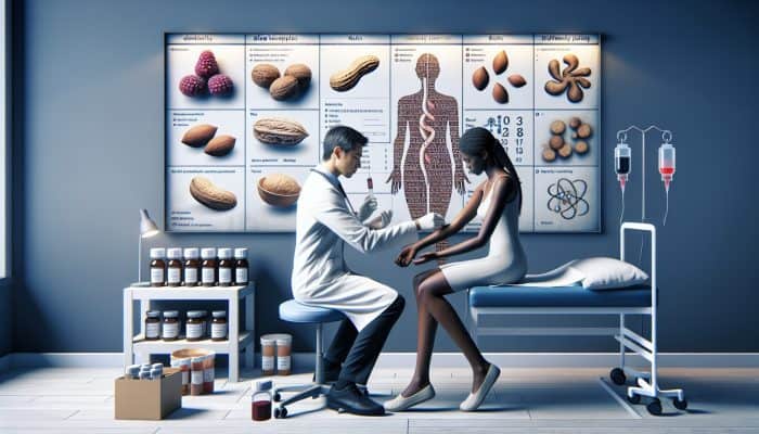 A doctor in a white coat performs a skin prick test on a patient's arm in a modern UK clinic, surrounded by medical charts, blood vials, nut illustrations, and dietary logs.