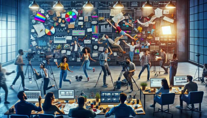 Creating Vimeo Videos for Professional Branding: A dynamic montage of video production: team brainstorming with storyboards in an office on the left, filming crew on location in the centre, and editors refining footage on the right.