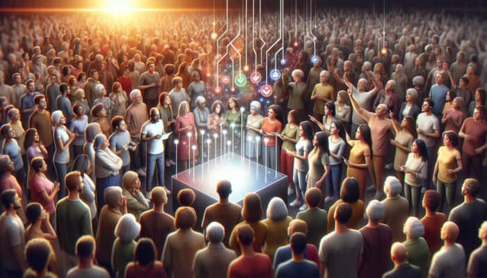 Leveraging Video Polls for Audience Insights: Diverse people watching an engaging video on a large screen, voting on real-time polls via smartphones, with excited expressions and interactions.