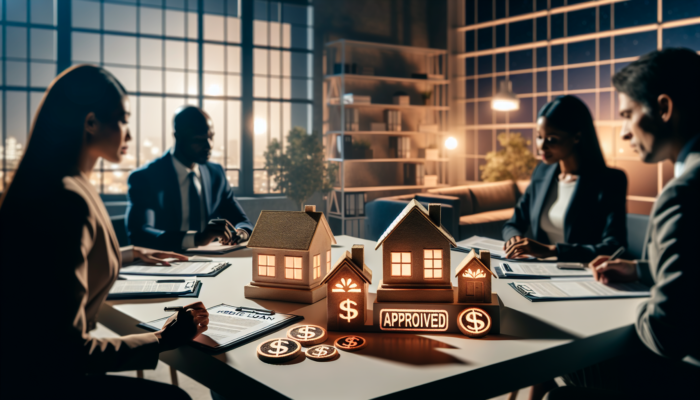 Diverse financial experts in a modern office reviewing home loan criteria with charts, graphs, house models, and approved documents under warm lighting.