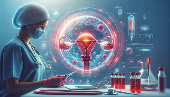 Detailed medical illustration of ectopic pregnancy: fertilised egg in fallopian tube, NHS hCG test vials, doctor in scrubs under urgent red lighting.