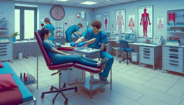 Illustration of a nurse in blue scrubs drawing blood from a patient's arm in a modern UK NHS clinic with lab equipment and health posters.