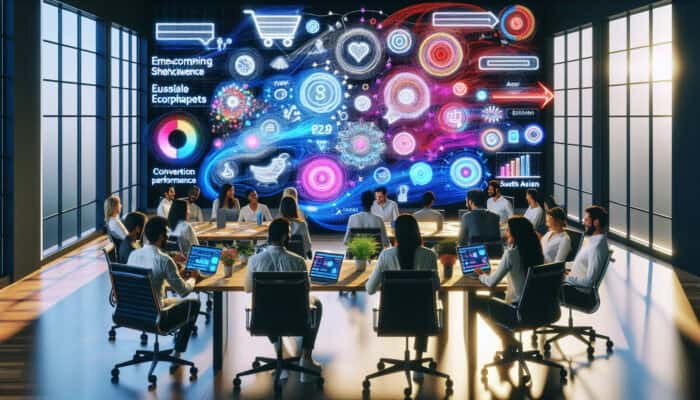 UX experts brainstorming e-commerce checkout strategies in a digital workspace, surrounded by screens showing optimized flows, user personas, and conversion charts.