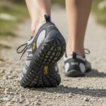 Close-up of a person’s feet wearing gray barefoot shoes walking on a gravel path outdoors, with green grass and rocks visible on either side, highlighting the unique benefits of natural movement.