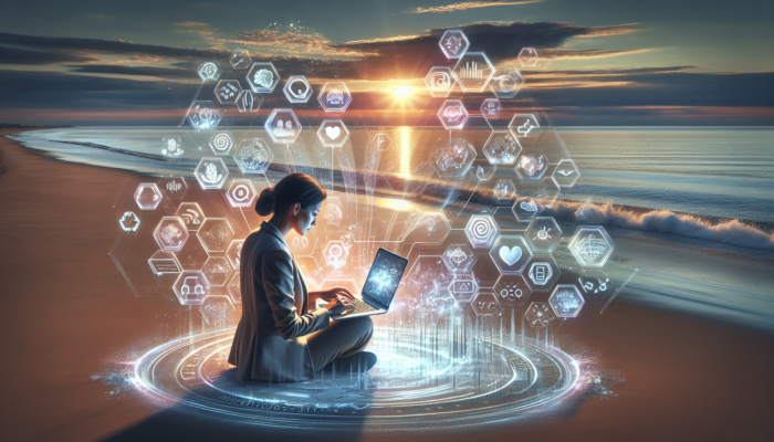 Busy marketer analyses Instagram Insights on a beach laptop at sunset, surrounded by holographic likes, comments, shares, and crashing waves.