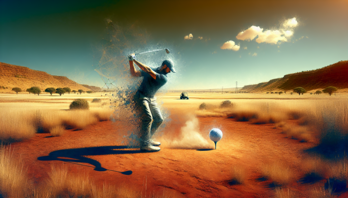 Golfer practicing knockdown shot on dry South African turf in Free State, dust rising as ball skims golden grasses under blue sky.