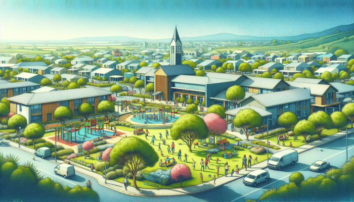 Modern school zone in Graaff-Reinet featuring educational buildings, lush parks, libraries, and playgrounds; families and children enjoying leisure activities under a clear sky.