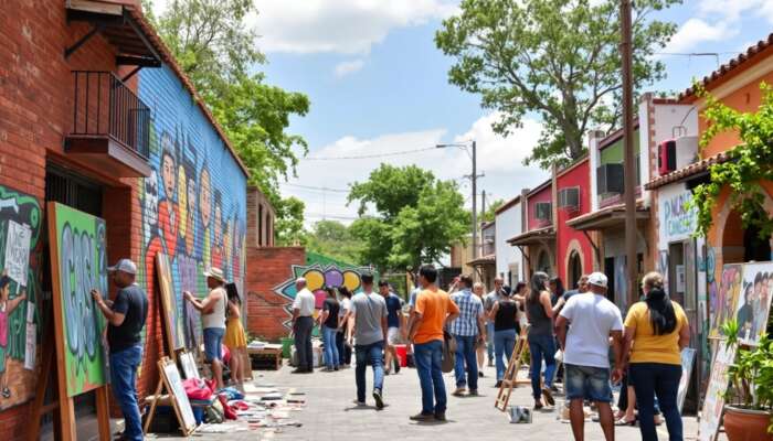 Colorful street mural in San Miguel de Allende with artists painting, illustrating the tension between artistic expression and legality amidst traditional architecture and tourists.