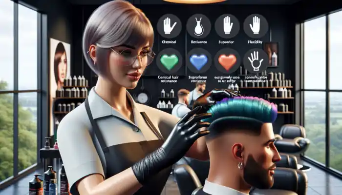 A beautician in a modern UK salon applies vibrant hair dyes while wearing durable black nitrile gloves for enhanced safety and comfort.