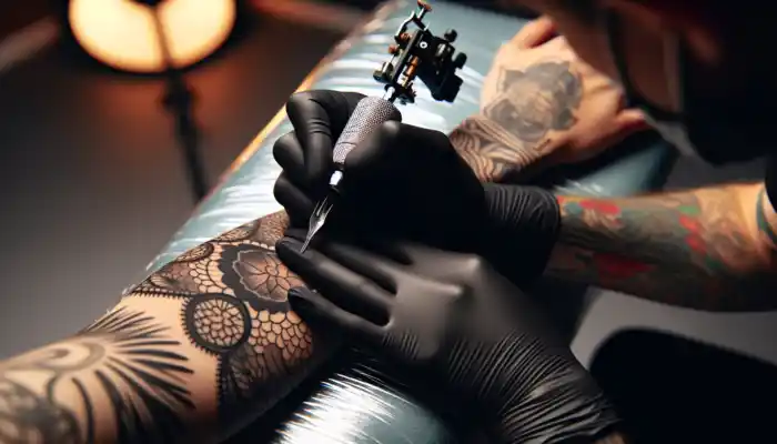 Tattoo artist in a contemporary UK salon wearing black nitrile gloves, safely handling sharp needles for intricate arm designs.