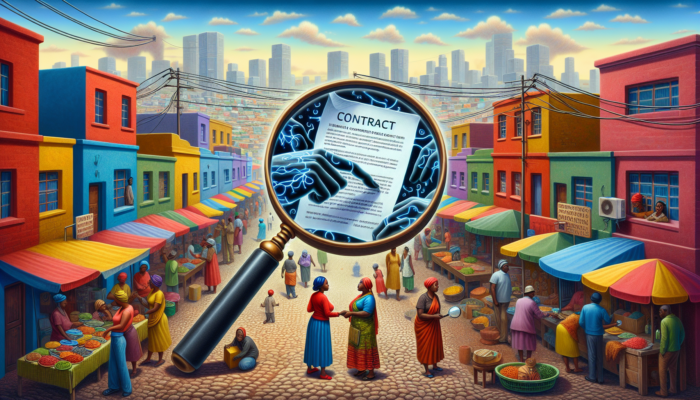 A buyer in Soweto examines a contract under a magnifying glass, revealing hidden fee symbols amid colorful houses and bustling markets.