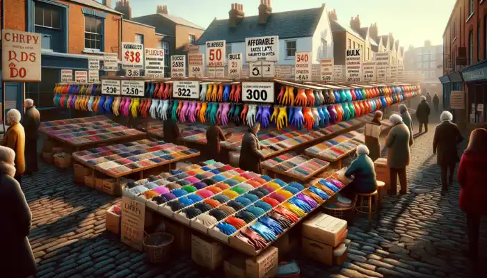 A lively market stall in Lichfield showcases affordable latex gauntlet gloves with discount signs, as shoppers compare prices under bright sunny skies.