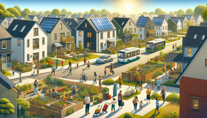 A tranquil suburban street featuring modest energy-efficient homes, solar panels, community gardens, diverse families, and nearby public transport under a clear blue sky.