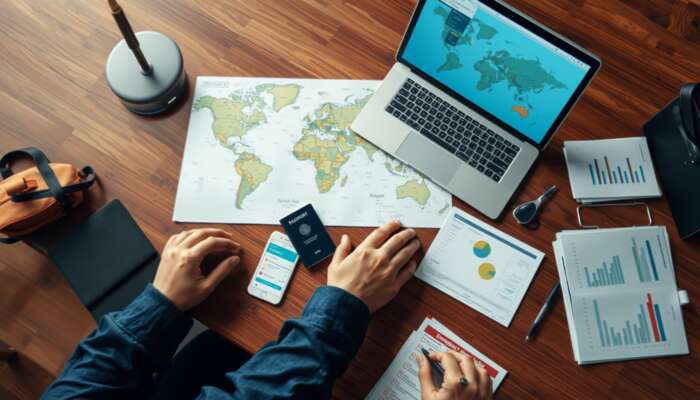 A traveller at a wooden desk planning a trip with a world map, laptop showing apps, passport, documents, budget chart, and emergency list.