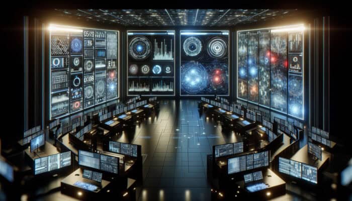 A dynamic digital command center with screens showing real-time social media feeds, sentiment analysis graphs, and data visualisations for monitoring discussions.