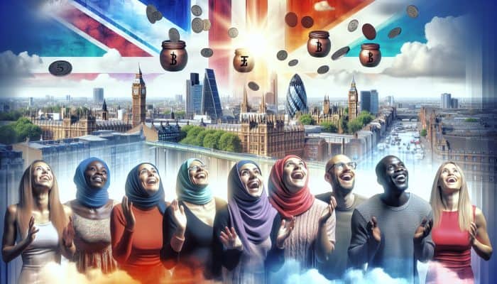 Diverse people in a bustling UK cityscape joyfully review charts of declining credit union rates, with debt vanishing into savings jars under a bright sky.