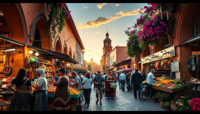 Bustling street market in San Miguel de Allende: locals engaging in lively bargaining over colourful artesanias, fresh produce, and flowers under colonial archways at sunset.