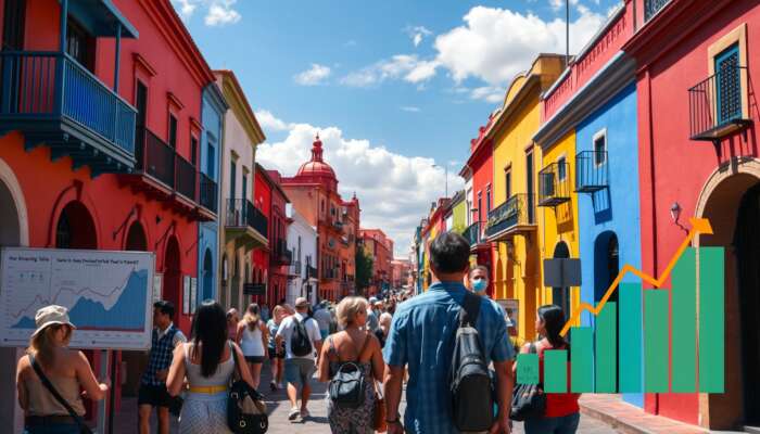 Vibrant street scene in San Miguel de Allende: colourful colonial architecture, tourists admiring real estate signs and upward graphs under a sunny sky.