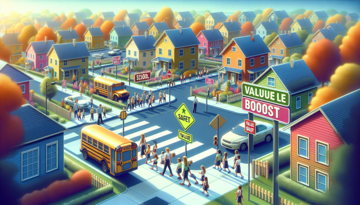 A lively suburban street featuring modern homes, children playing in a school zone with yellow signs, and real estate agents showcasing 'Value Boost' signs under a sunny sky.