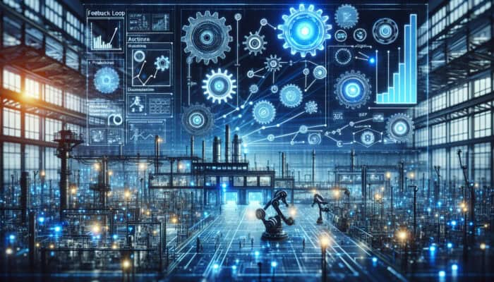 Dynamic illustration demonstrating factory operations optimised through feedback loops, showcasing gears, circuits, and robots.