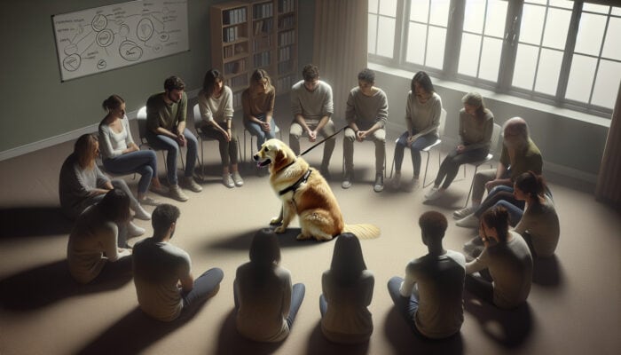 A golden retriever therapy dog sits among diverse grieving people in a softly lit room, offering comforting nuzzles and companionship.