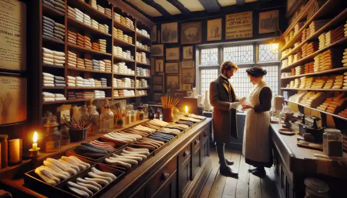 Quaint Tewkesbury shop with wooden shelves of cotton gloves; shopkeeper helping smiling customer under warm lights and signs.