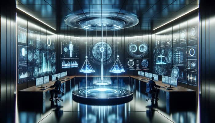 Futuristic analytics dashboard showing glowing graphs of error rates and ethical metrics on holographic screens, with a justice scale and analysts reviewing strategies.