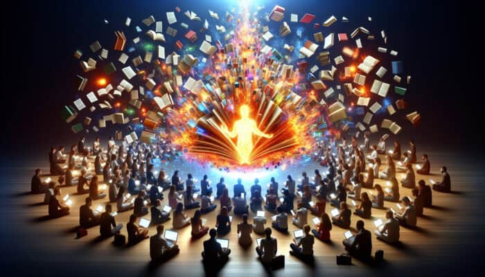 A glowing video screen morphing into floating books and digital text, with diverse people from various cultures reading on devices.
