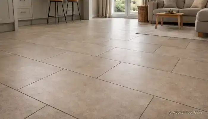 Porcelain tile floor with dull haze and light streaking caused by surface residue rather than damage